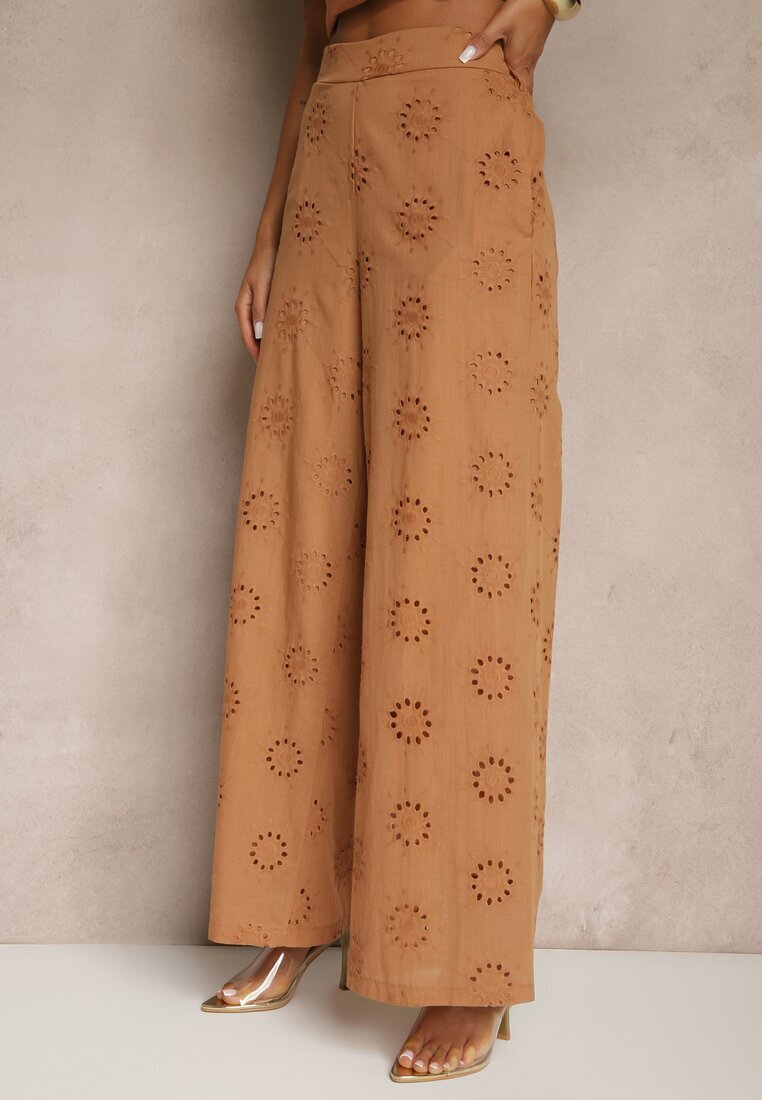 rosa Pantaloni drepți maro din bumbac cu broderie și decorațiuni ajurate Tolazia