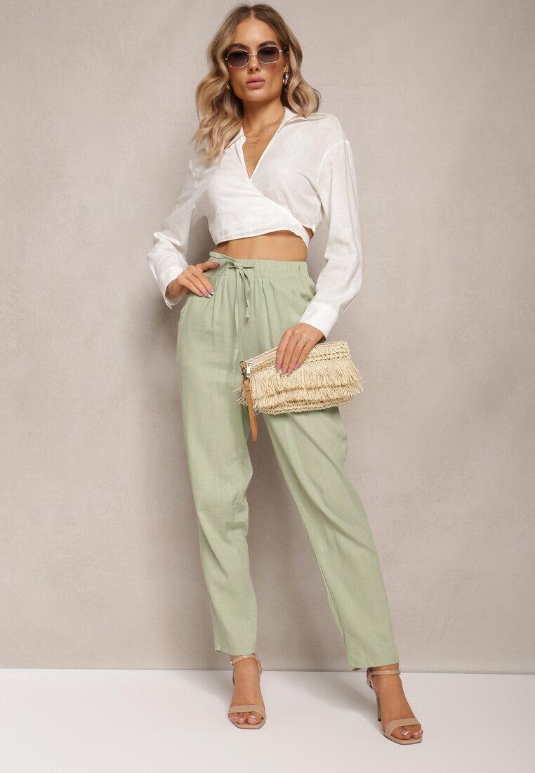 rosa Pantaloni Drepți Verde Deschis din Bumbac cu Elastic în Talie Xisela