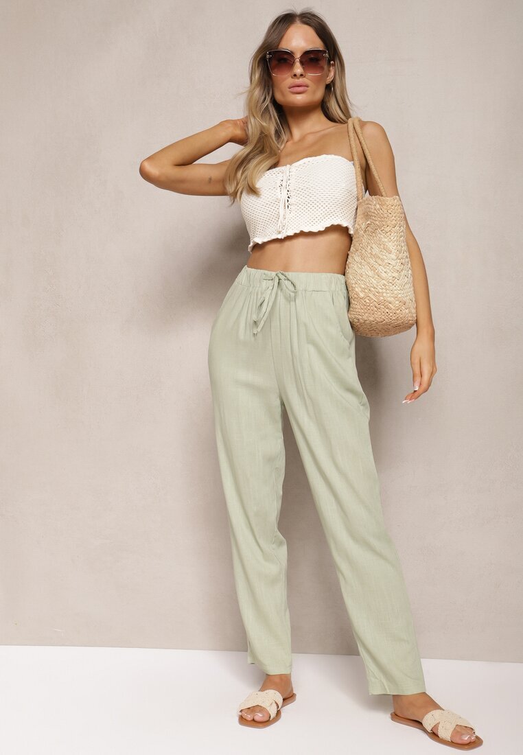 rosa Pantaloni Drepți Verde Deschis din Bumbac cu Elastic în Talie Xisela