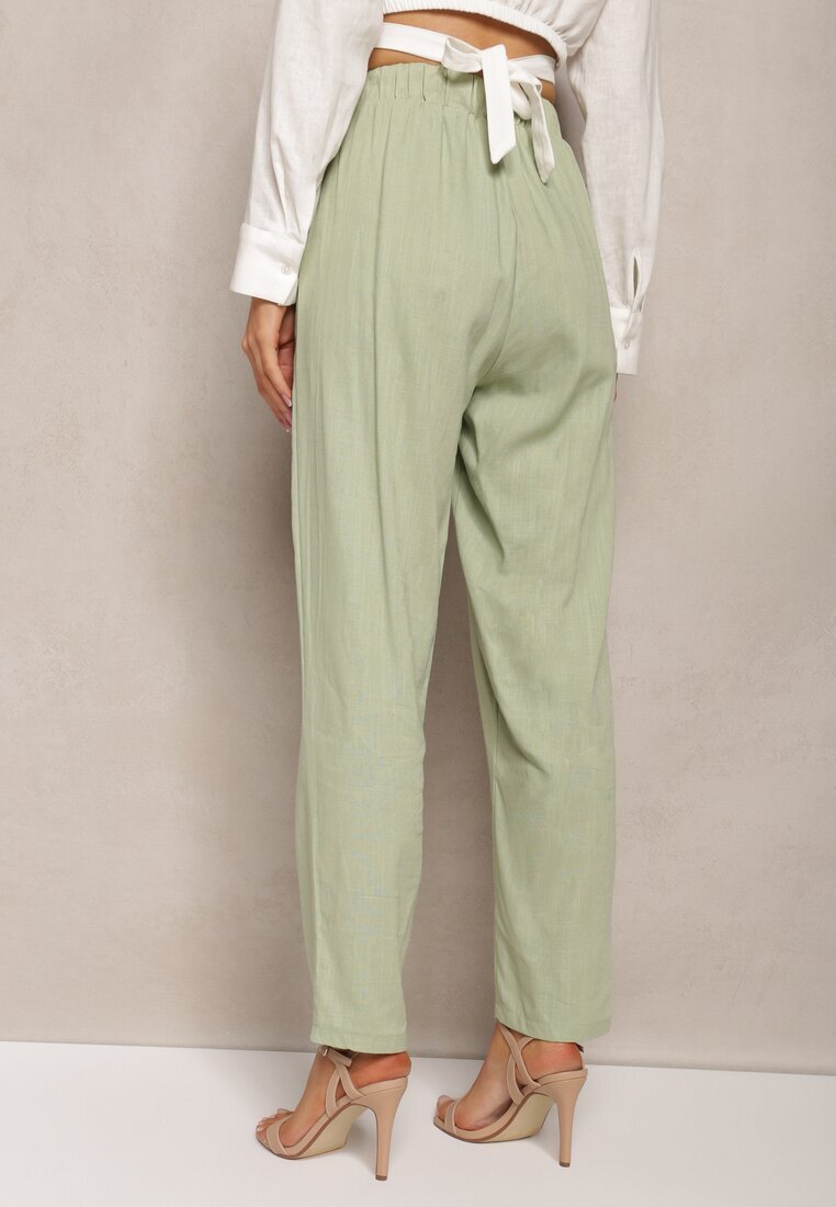 rosa Pantaloni Drepți Verde Deschis din Bumbac cu Elastic în Talie Xisela