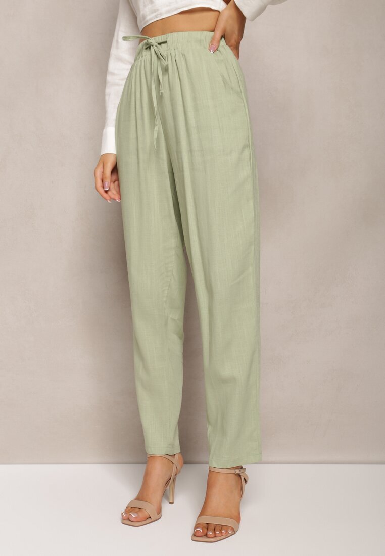 rosa Pantaloni Drepți Verde Deschis din Bumbac cu Elastic în Talie Xisela
