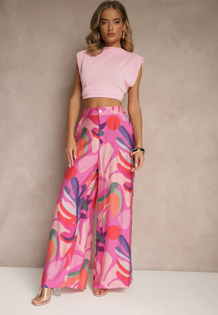 rosa Pantaloni Fucsia din Viscoză Largi High Waist cu model de frunze Ralimia