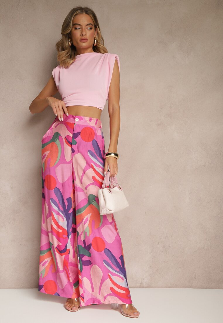 rosa Pantaloni Fucsia din Viscoză Largi High Waist cu model de frunze Ralimia