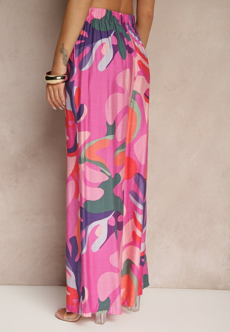 rosa Pantaloni Fucsia din Viscoză Largi High Waist cu model de frunze Ralimia
