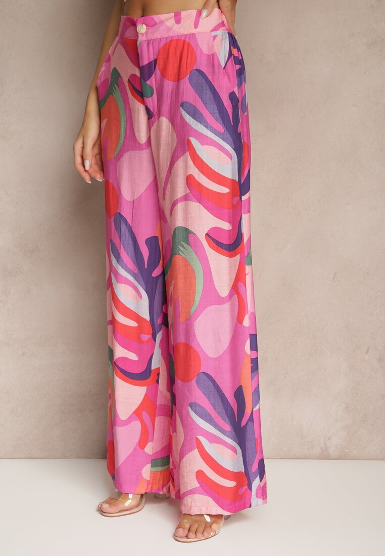 rosa Pantaloni Fucsia din Viscoză Largi High Waist cu model de frunze Ralimia