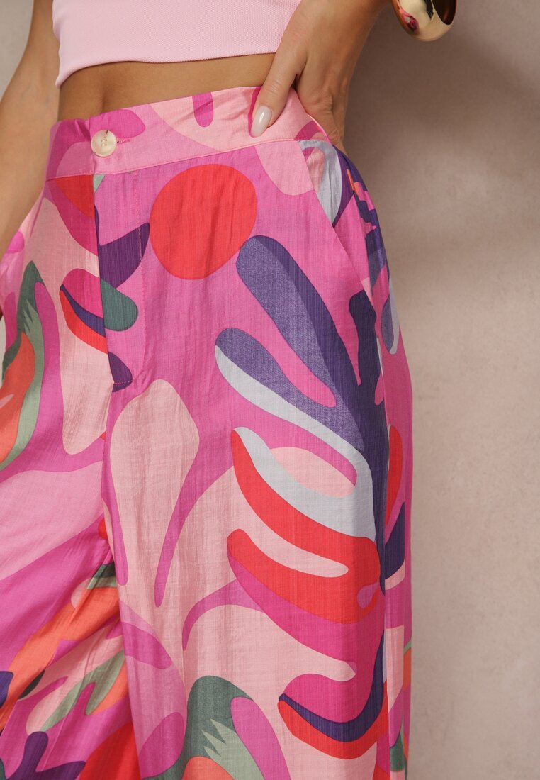 rosa Pantaloni Fucsia din Viscoză Largi High Waist cu model de frunze Ralimia