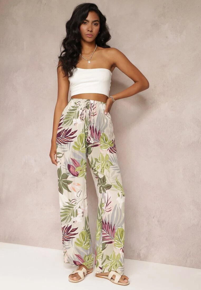 rosa Pantaloni largi bej cu flori cu elastic în talie Alaysa