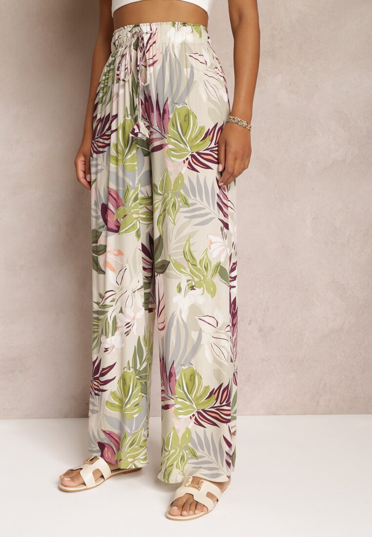 rosa Pantaloni largi bej cu flori cu elastic în talie Alaysa
