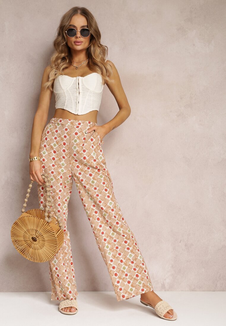 rosa Pantaloni Largi Bej cu Imprimeu Fantezie Din Bumbac bella