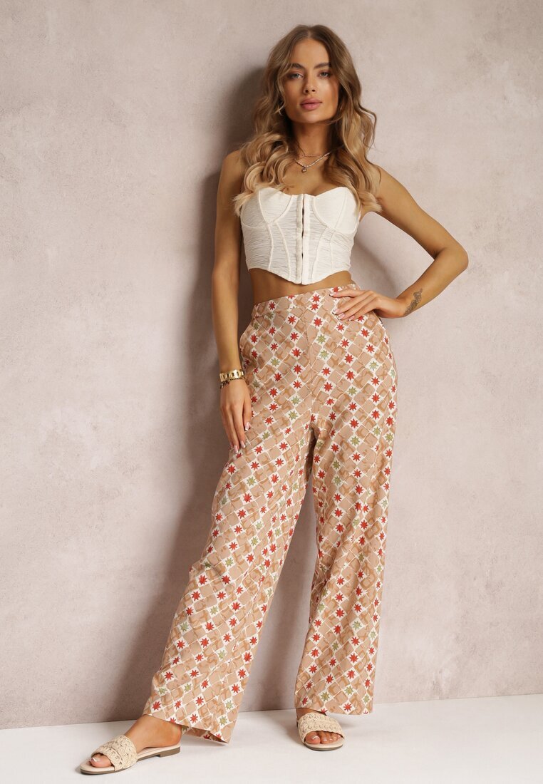 rosa Pantaloni Largi Bej cu Imprimeu Fantezie Din Bumbac bella