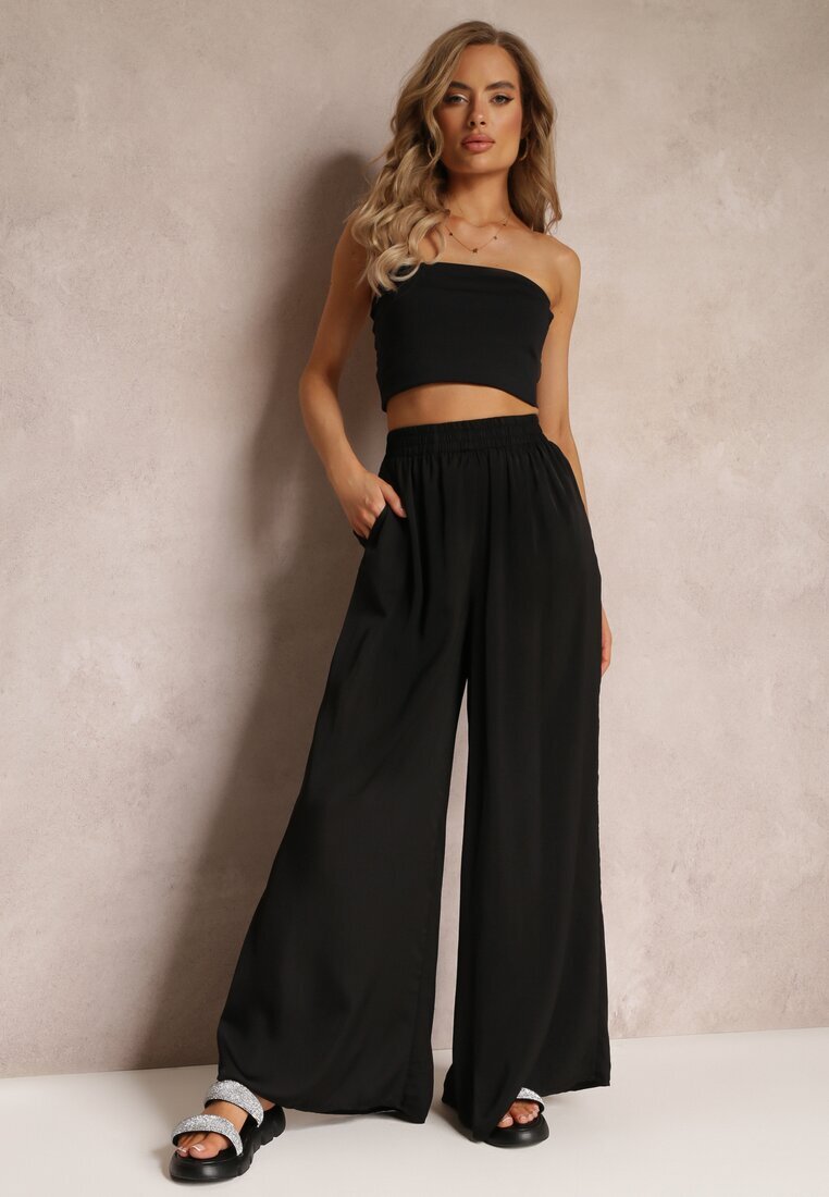 rosa Pantaloni Largi Negri cu elastic în talie Carleny