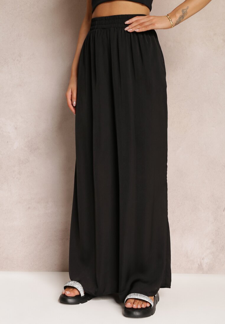 rosa Pantaloni Largi Negri cu elastic în talie Carleny
