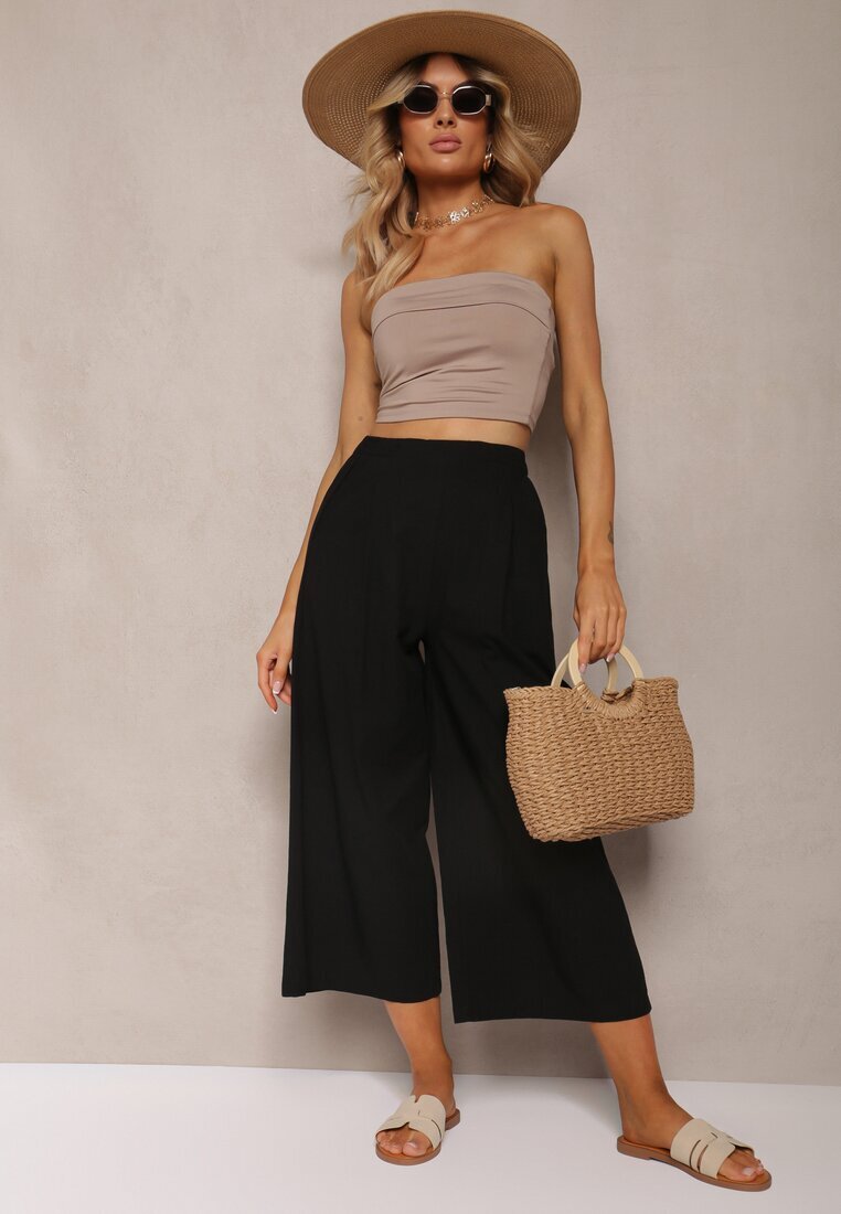 rosa Pantaloni Largi Negri cu elastic în talie Vithan