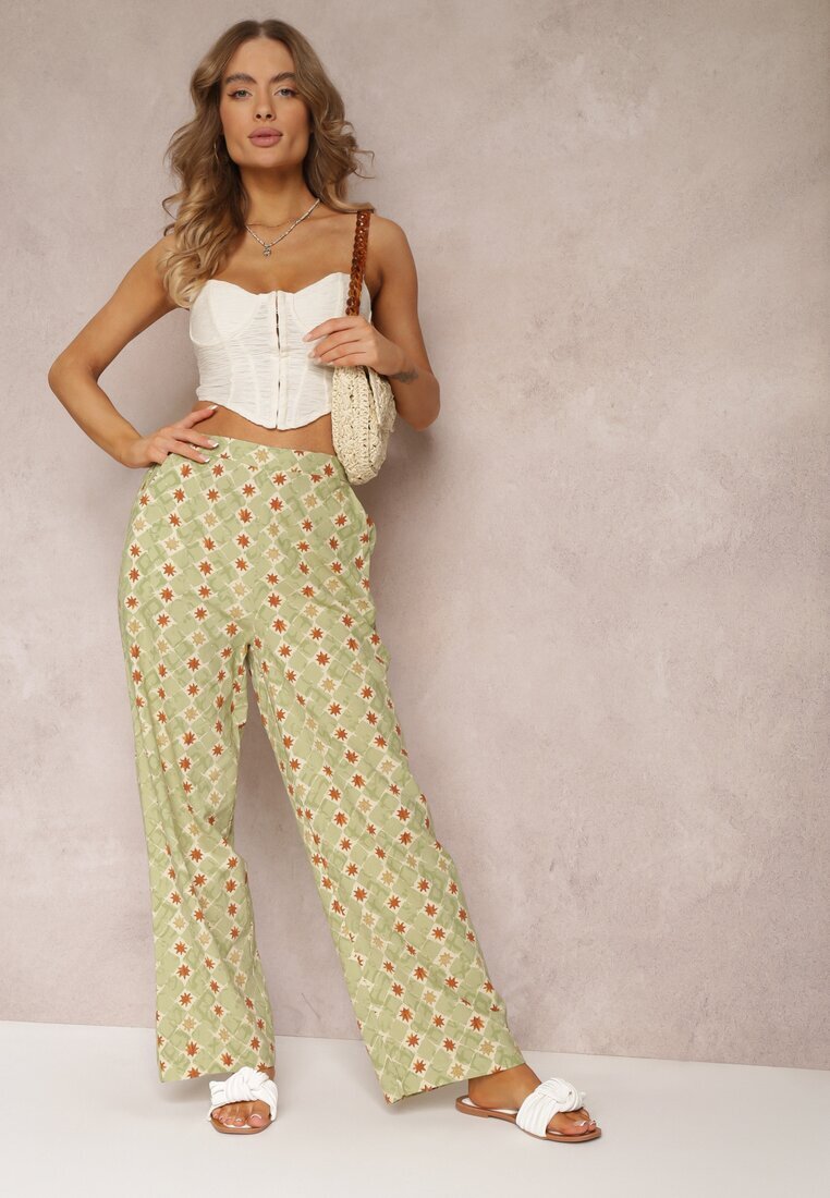rosa Pantaloni largi verde deschis cu imprimeu fantezie din bumbac bella