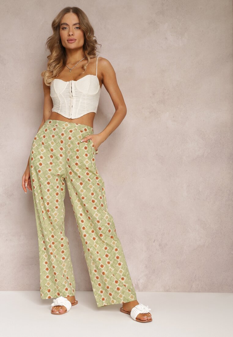rosa Pantaloni largi verde deschis cu imprimeu fantezie din bumbac bella