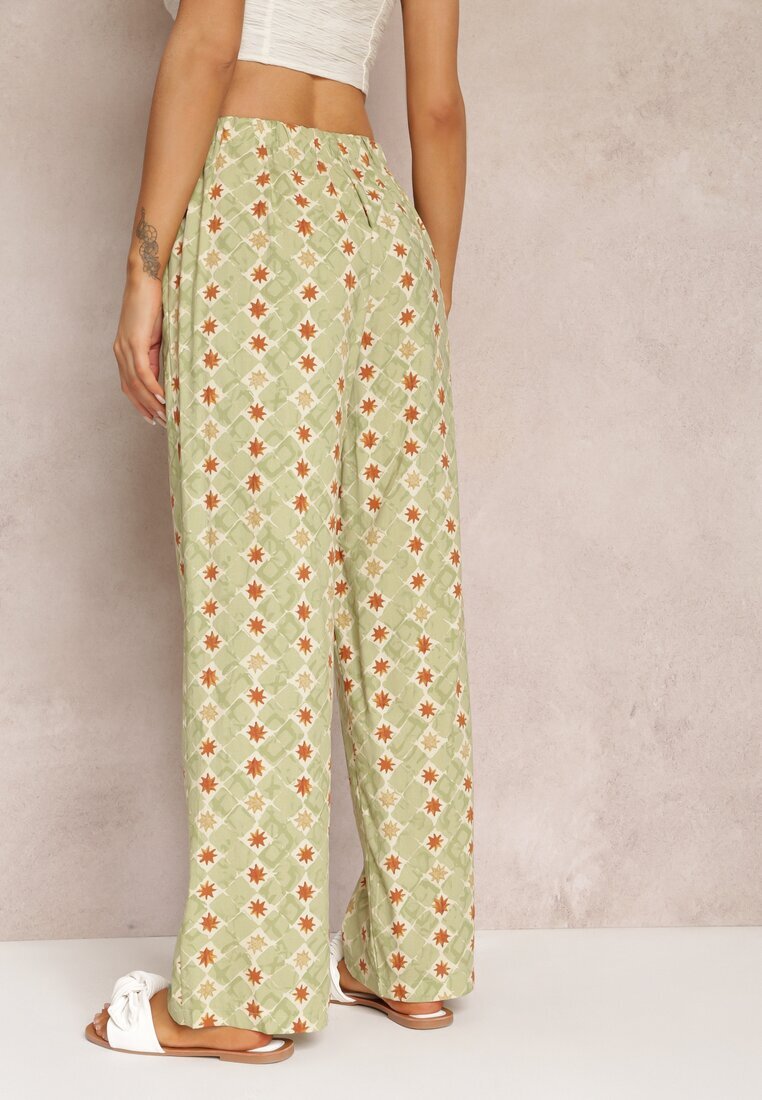 rosa Pantaloni largi verde deschis cu imprimeu fantezie din bumbac bella