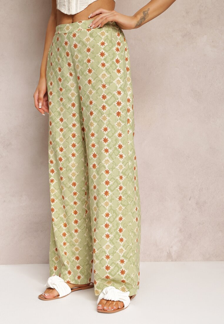 rosa Pantaloni largi verde deschis cu imprimeu fantezie din bumbac bella