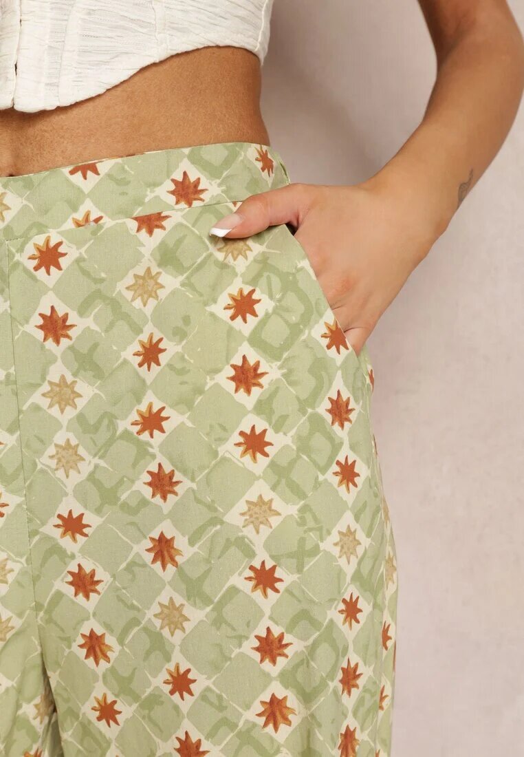 rosa Pantaloni largi verde deschis cu imprimeu fantezie din bumbac bella