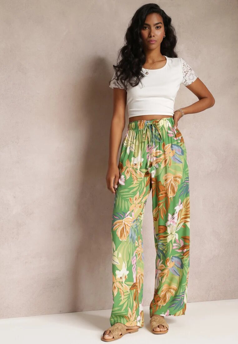 rosa Pantaloni Largi Verzi cu Imprimeu Floral cu Talie Elastică Alaysa