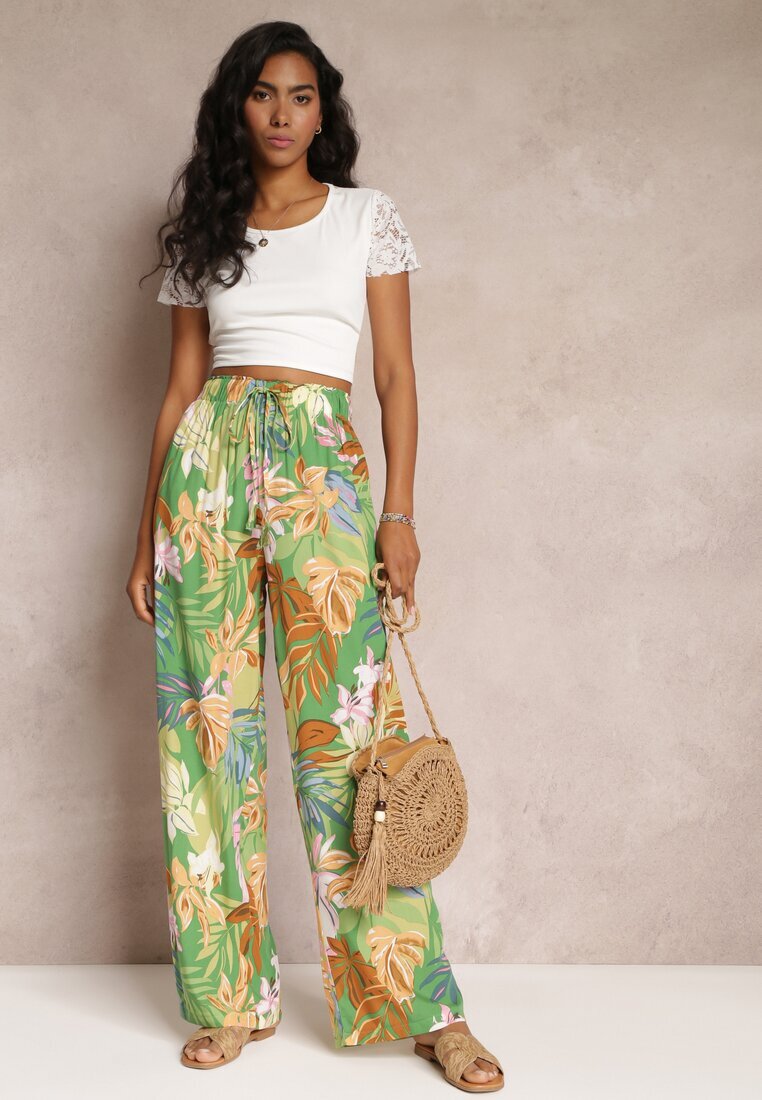 rosa Pantaloni Largi Verzi cu Imprimeu Floral cu Talie Elastică Alaysa