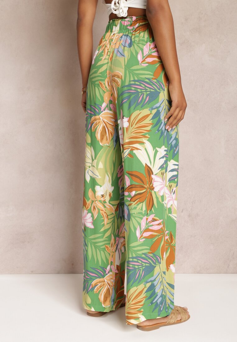 rosa Pantaloni Largi Verzi cu Imprimeu Floral cu Talie Elastică Alaysa