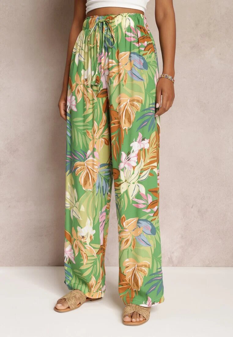 rosa Pantaloni Largi Verzi cu Imprimeu Floral cu Talie Elastică Alaysa