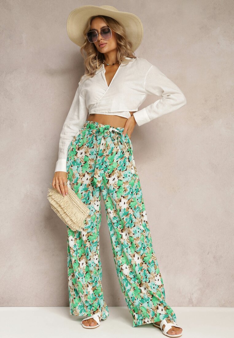 rosa Pantaloni Lungi Verzi cu Craci Largi și Buzunare și Curea Textilă Omina