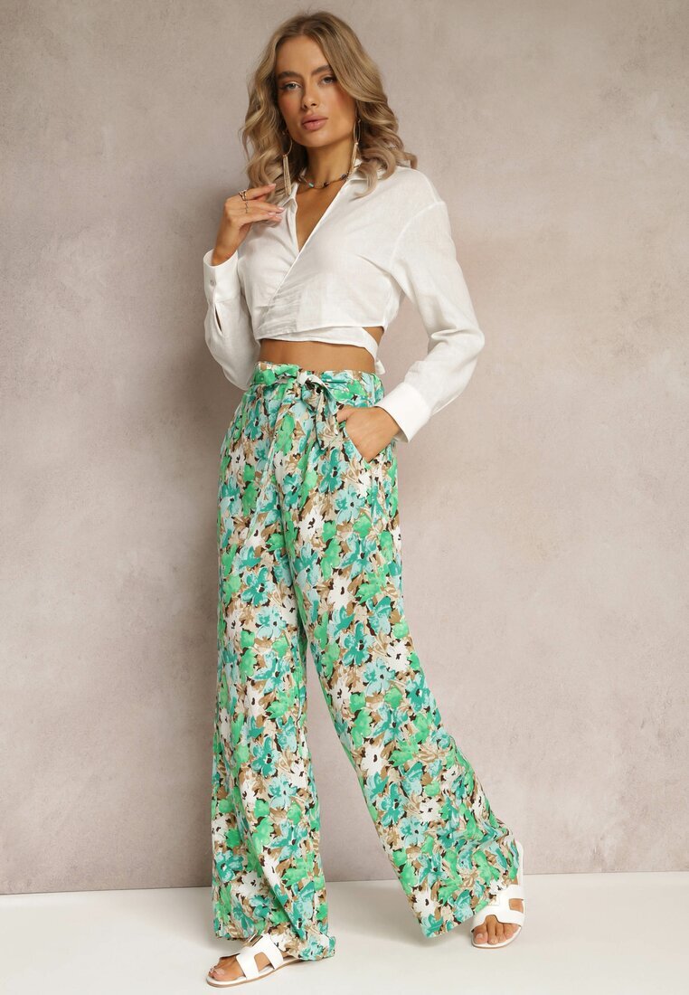 rosa Pantaloni Lungi Verzi cu Craci Largi și Buzunare și Curea Textilă Omina