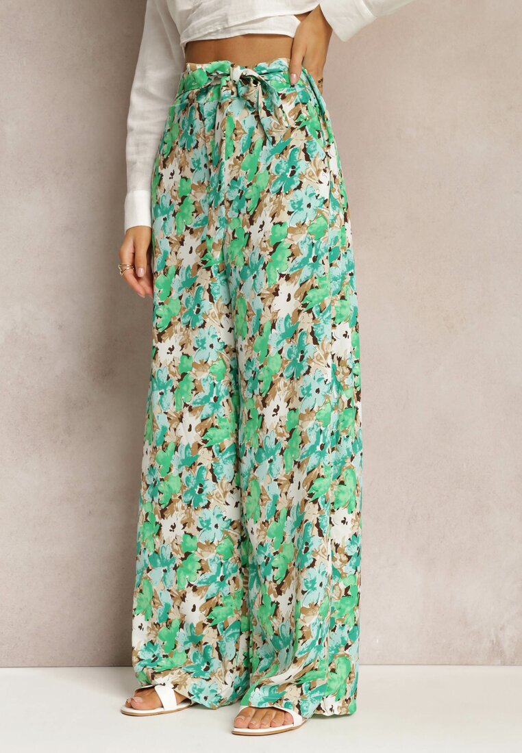 rosa Pantaloni Lungi Verzi cu Craci Largi și Buzunare și Curea Textilă Omina
