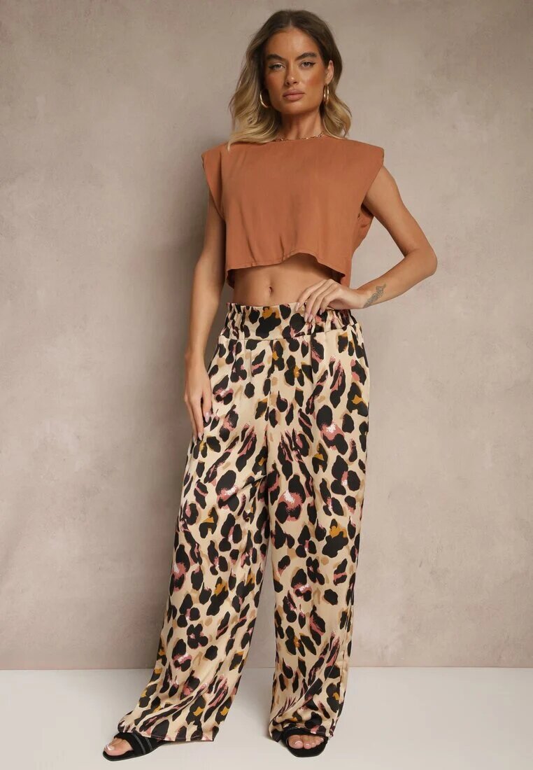 rosa Pantaloni Roz-Bej Imprimeu leopard cu croială largă Paper Bag High Waist Saliandra