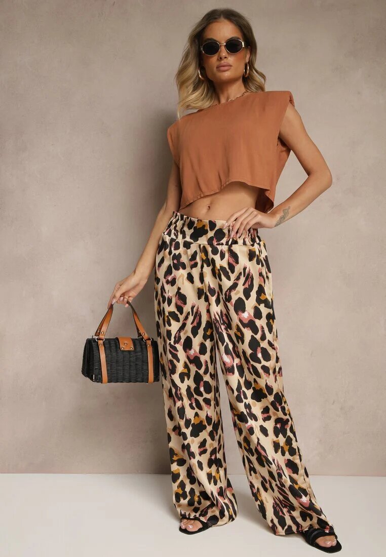 rosa Pantaloni Roz-Bej Imprimeu leopard cu croială largă Paper Bag High Waist Saliandra