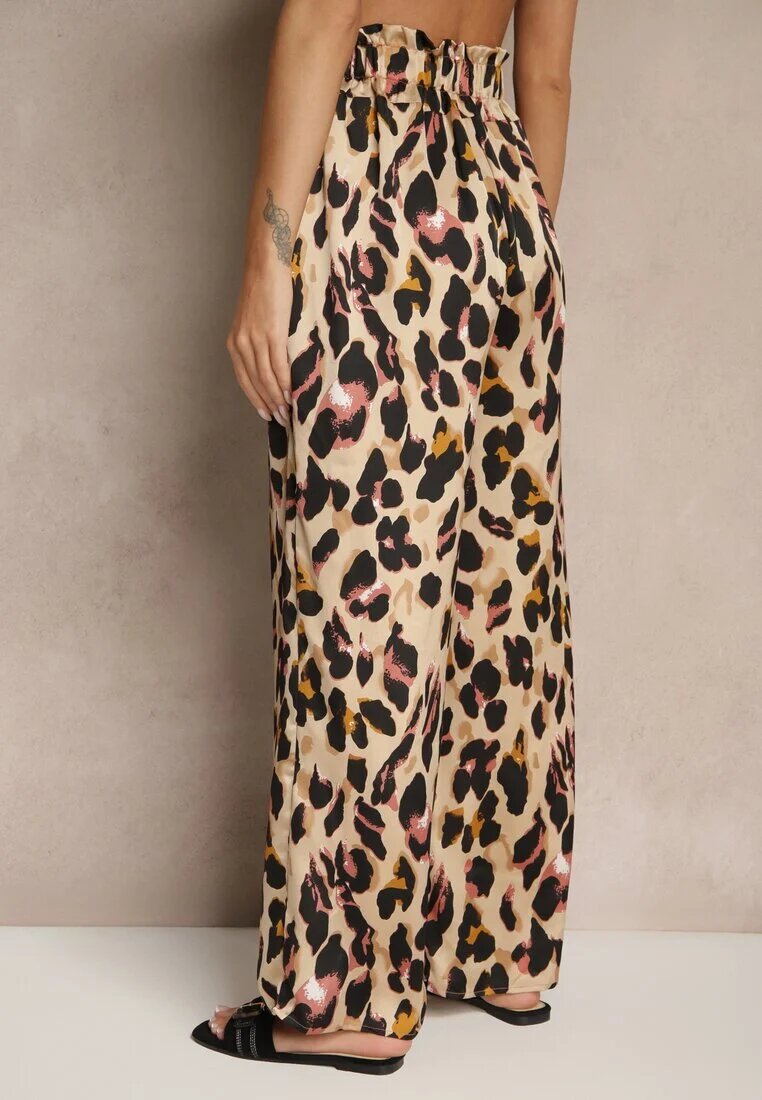 rosa Pantaloni Roz-Bej Imprimeu leopard cu croială largă Paper Bag High Waist Saliandra