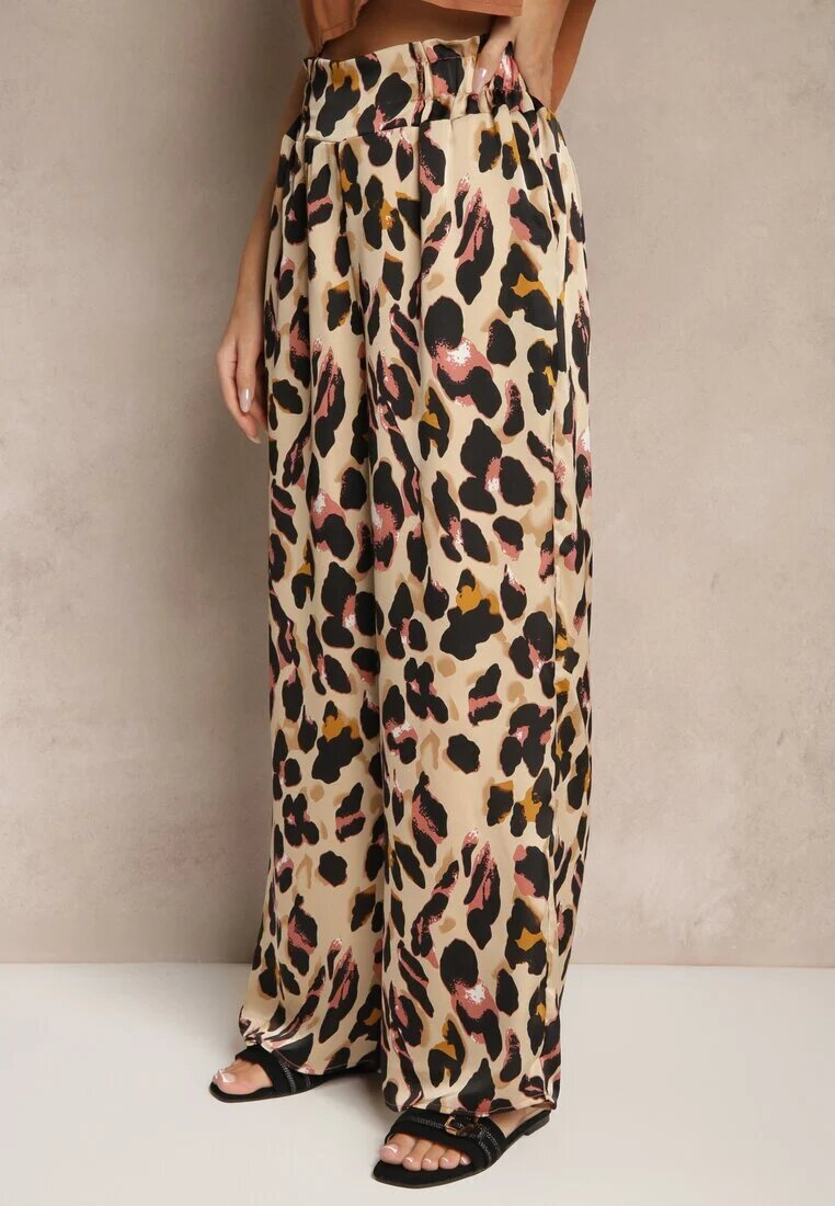 rosa Pantaloni Roz-Bej Imprimeu leopard cu croială largă Paper Bag High Waist Saliandra