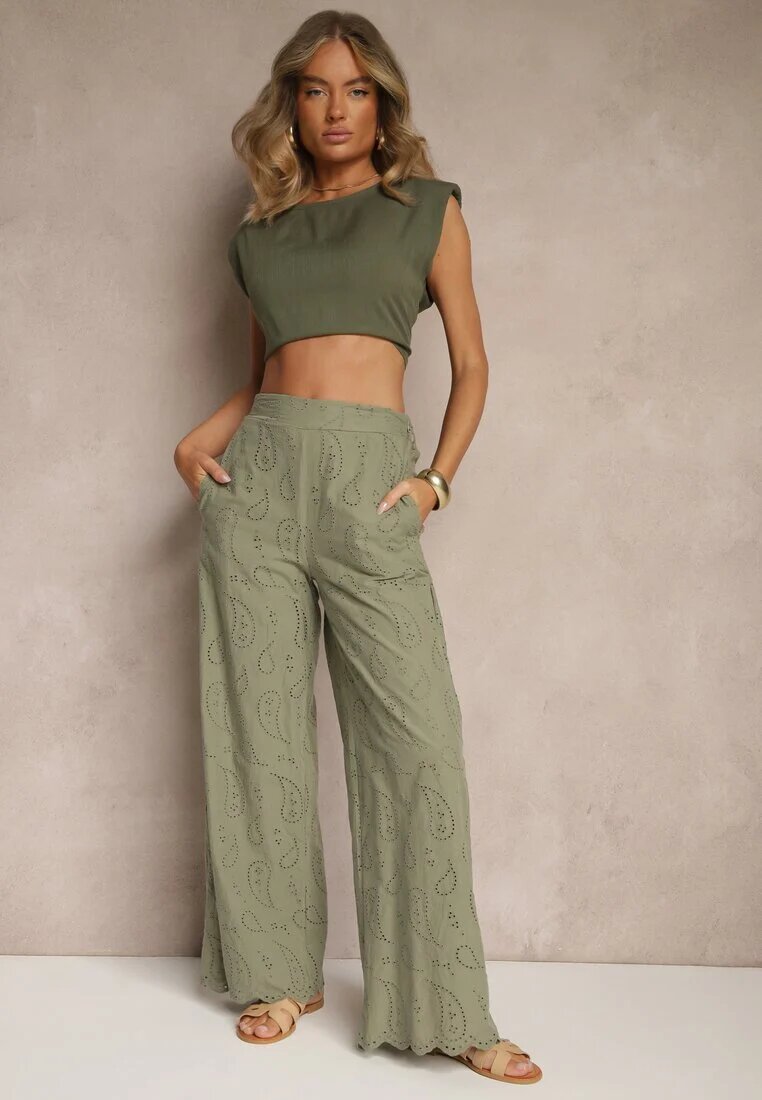rosa Pantaloni Verzi Din bumbac Brodați High Waist Cu croială largă Milirelia