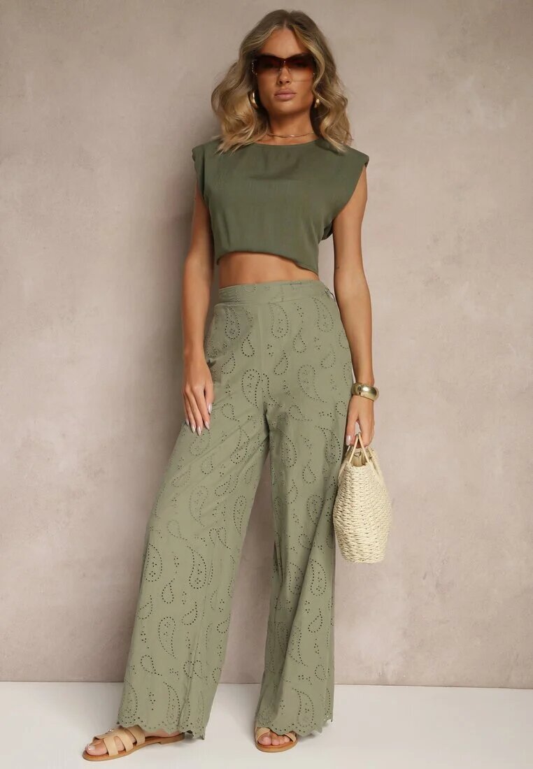 rosa Pantaloni Verzi Din bumbac Brodați High Waist Cu croială largă Milirelia