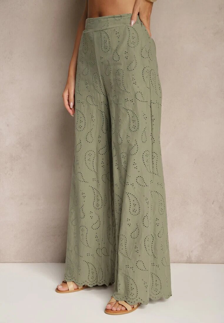 rosa Pantaloni Verzi Din bumbac Brodați High Waist Cu croială largă Milirelia