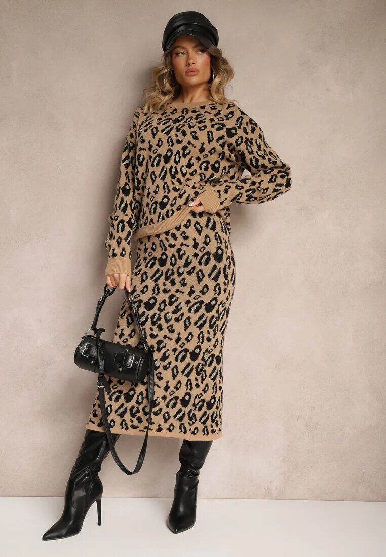 rosa Pulover Bej cu Viscoză cu imprimeu leopard Decorat cu Fir Metalic Sallisia