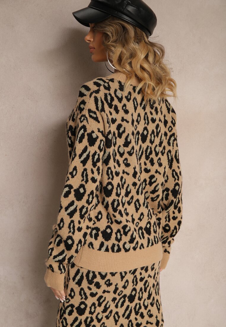 rosa Pulover Bej cu Viscoză cu imprimeu leopard Decorat cu Fir Metalic Sallisia