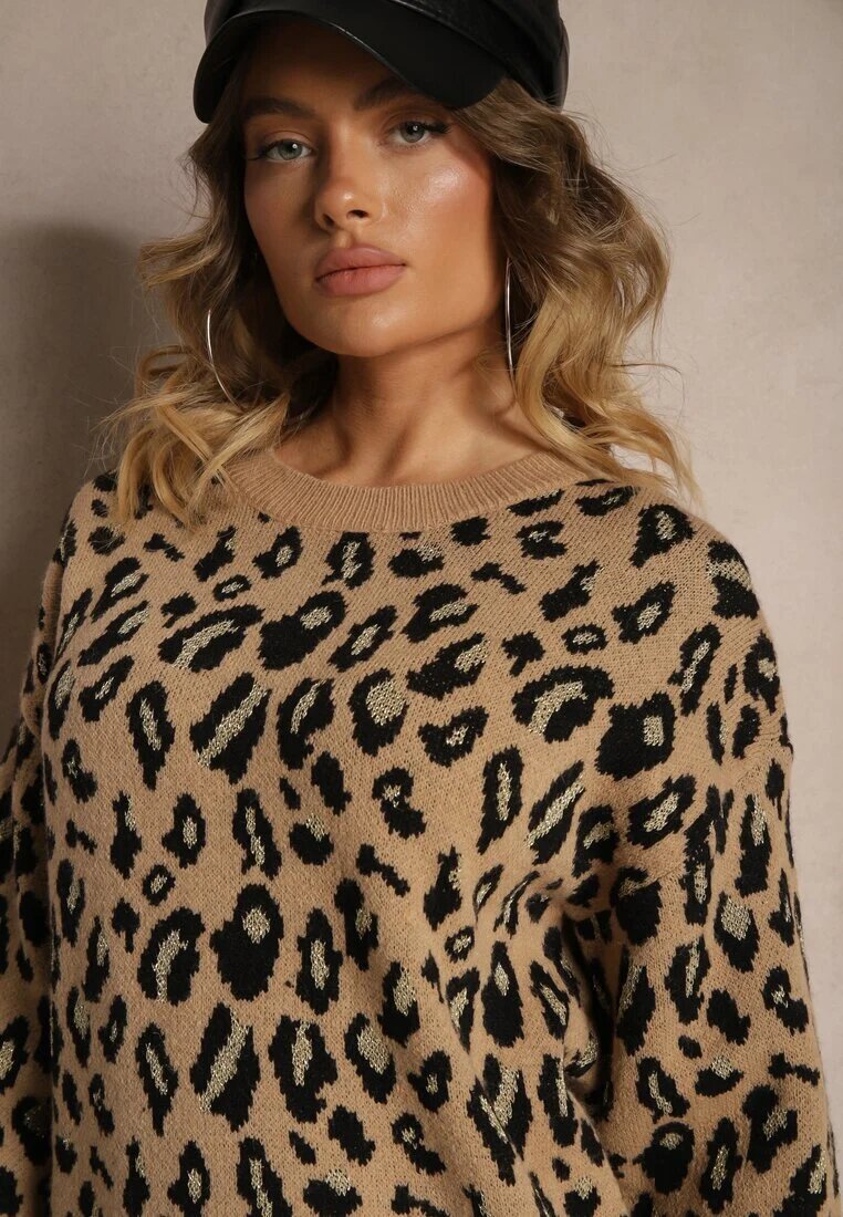 rosa Pulover Bej cu Viscoză cu imprimeu leopard Decorat cu Fir Metalic Sallisia