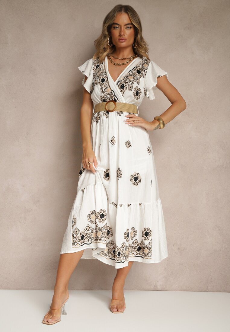 rosa Rochie Alb-Negru din Vascoză Decorată cu Curea și Broderie Nilorelle
