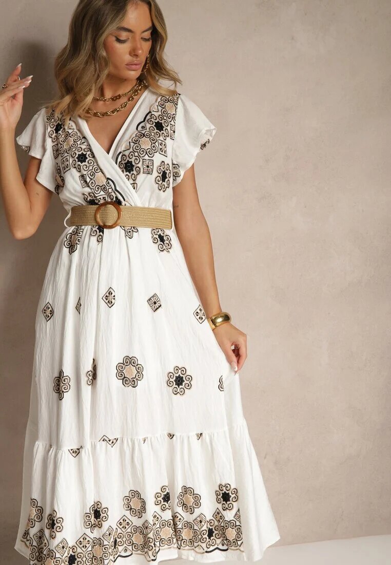 rosa Rochie Alb-Negru din Vascoză Decorată cu Curea și Broderie Nilorelle