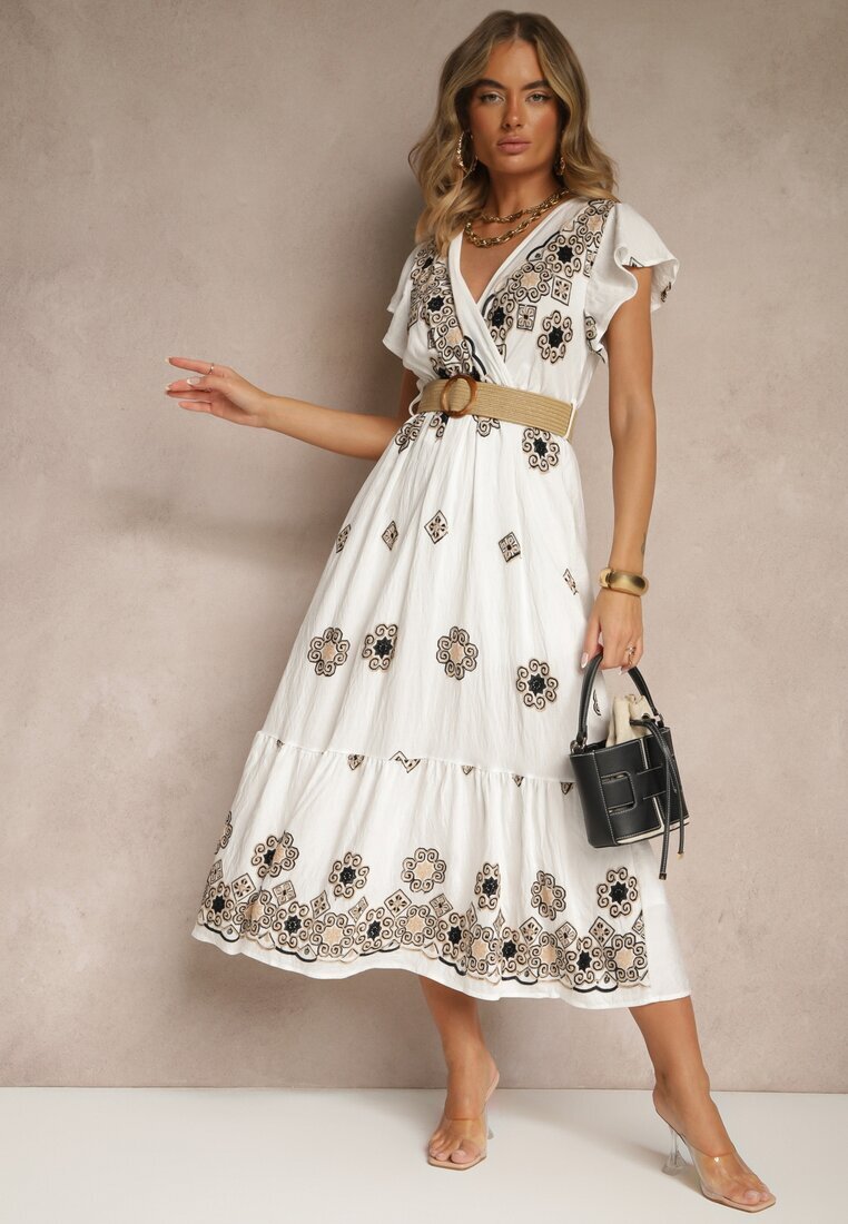 rosa Rochie Alb-Negru din Vascoză Decorată cu Curea și Broderie Nilorelle