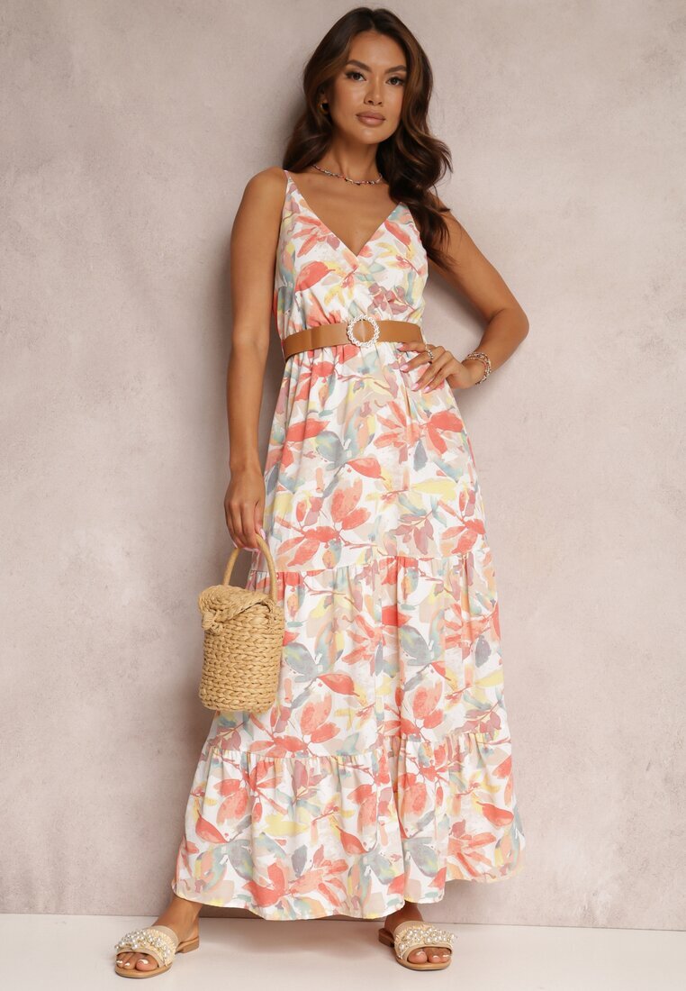 rosa Rochie Alb-Portocalie cu Cureaua Nevin