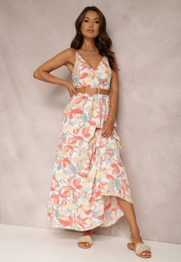 rosa Rochie Alb-Portocalie cu Cureaua Nevin