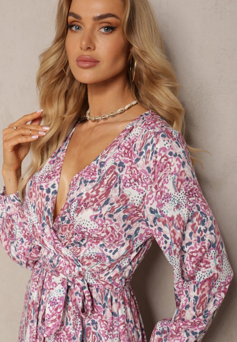 rosa Rochie Alb-Roșie din Viscoză cu Decolteu Triunghiular și Elastic în Talie cu Centură din Material Funella