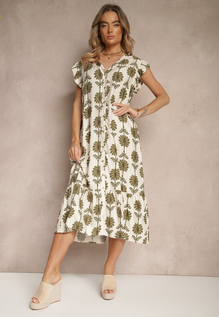rosa Rochie Alb-Verde Evazată florală din bumbac Efalithea