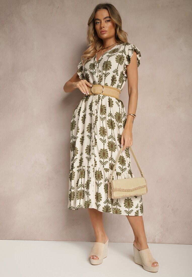 rosa Rochie Alb-Verde Evazată florală din bumbac Efalithea