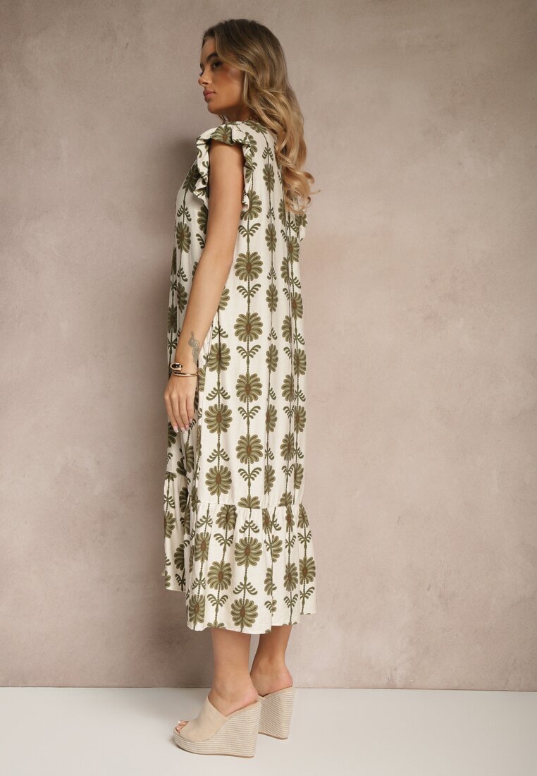 rosa Rochie Alb-Verde Evazată florală din bumbac Efalithea