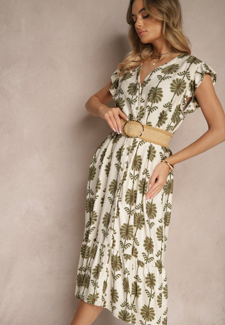 rosa Rochie Alb-Verde Evazată florală din bumbac Efalithea