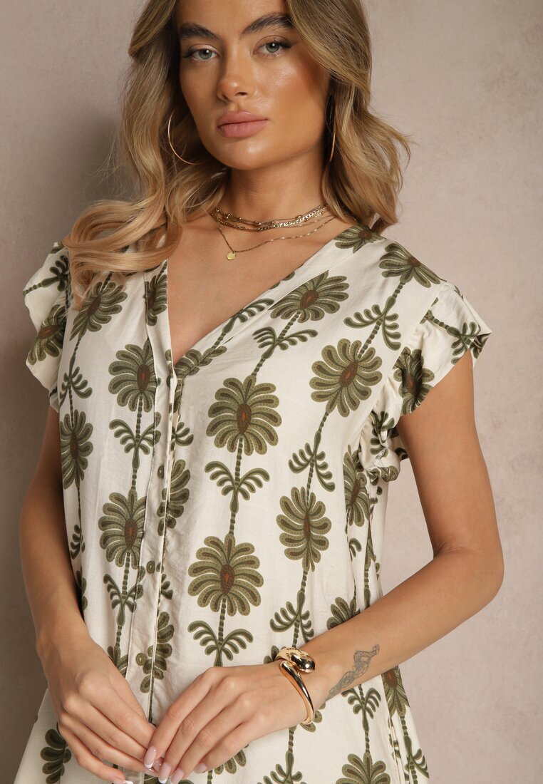 rosa Rochie Alb-Verde Evazată florală din bumbac Efalithea